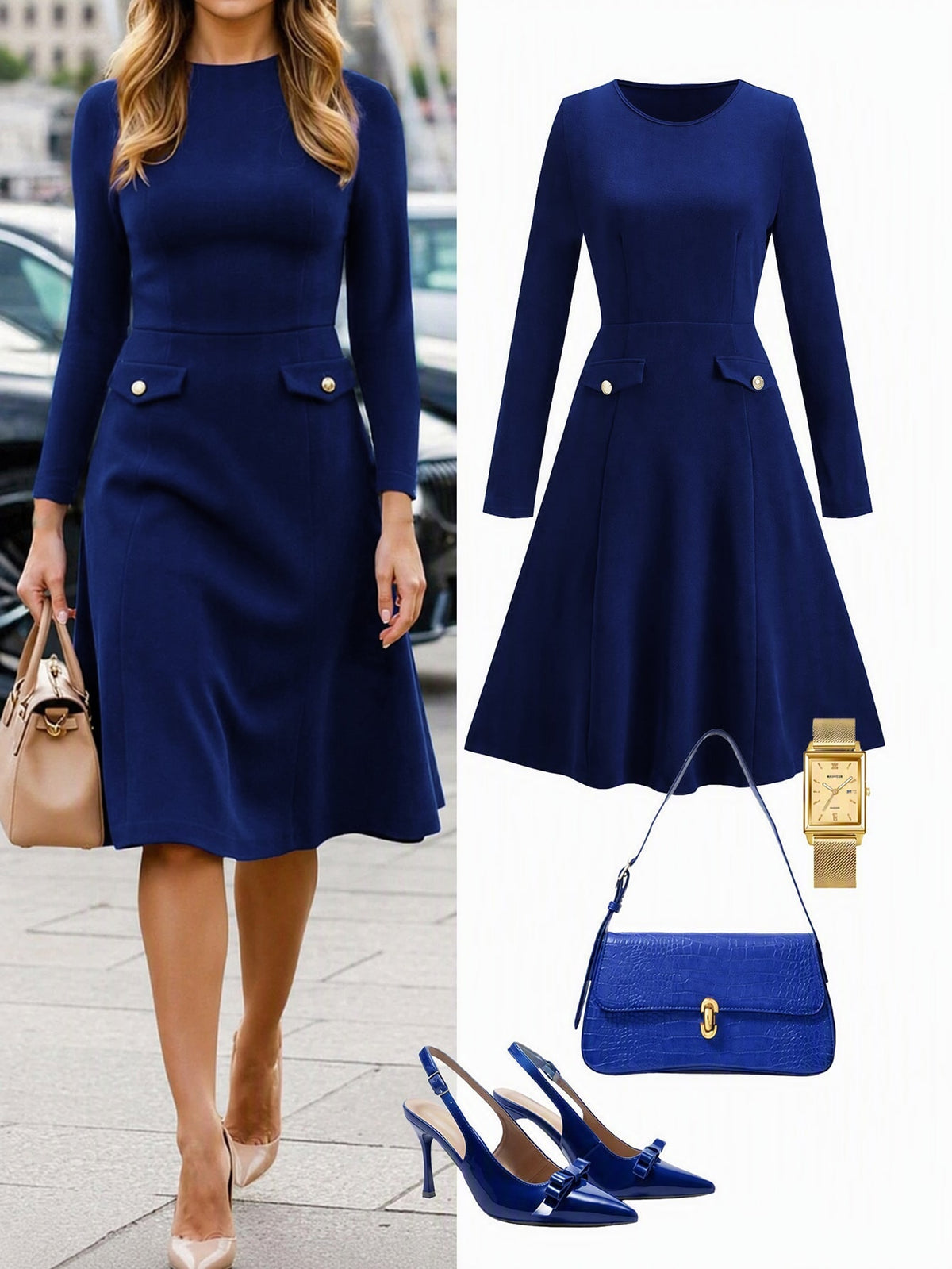 שמלת משבצות אלגנטית באורך ברך – Royal Blue
