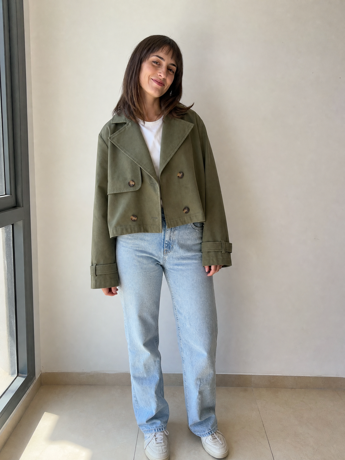 ג׳קט קרופ אוברסייז ברכיסה כפולה – ירוק זית